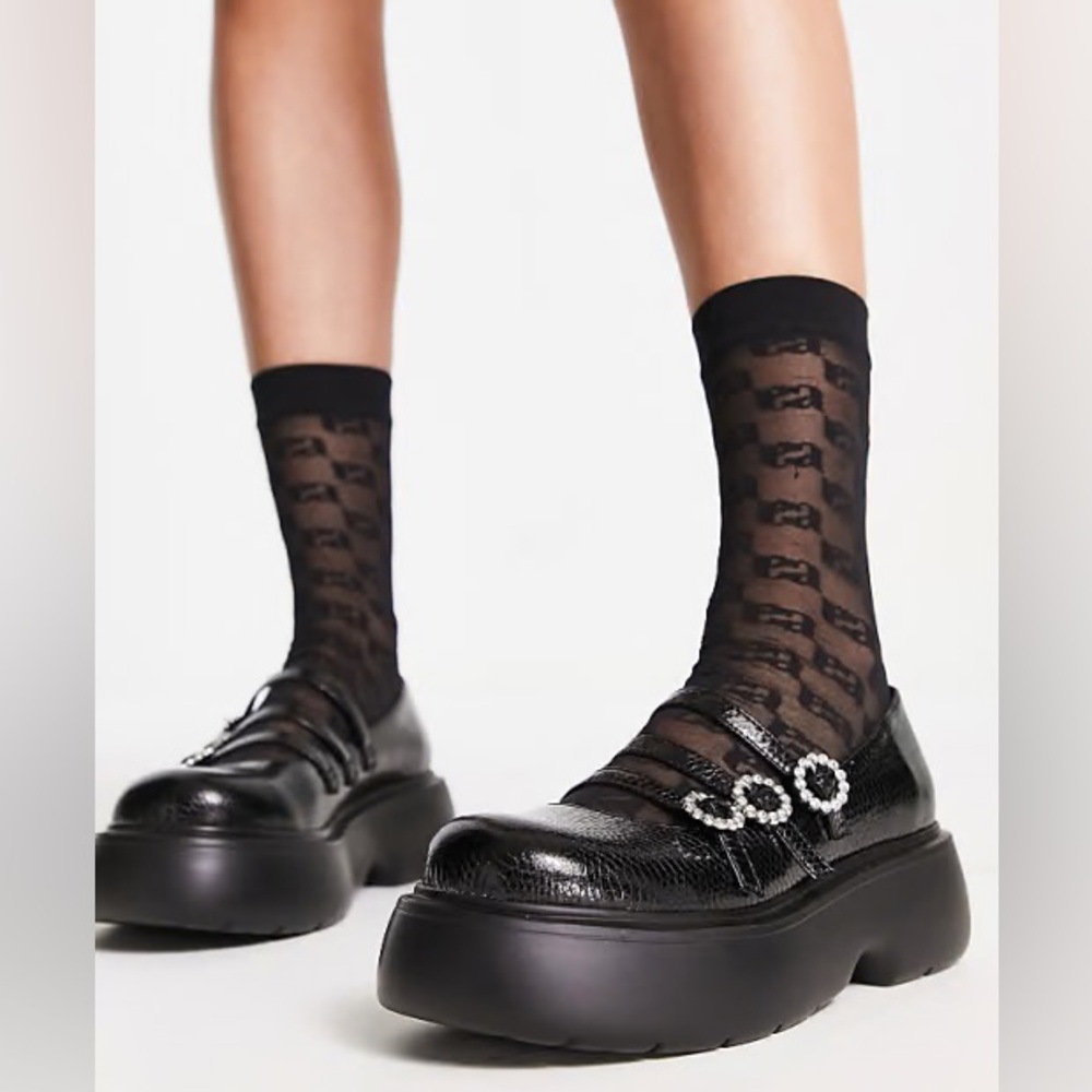 NEW ASOS DESIGN Missy chunky mary jane shoes  diamonte buckles in black snake